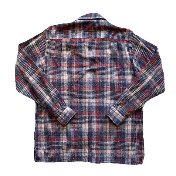 Vintage 70s Loop Collar Flannel Shirt Wool Blend Topaz Plaid Medium Camp - Picture 3 of 7